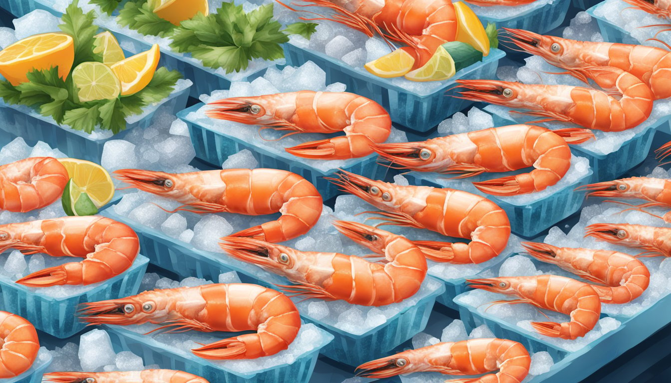 A vibrant seafood market display contrasts fresh and frozen prawns. The fresh prawns glisten on ice, while the frozen ones sit in packaging