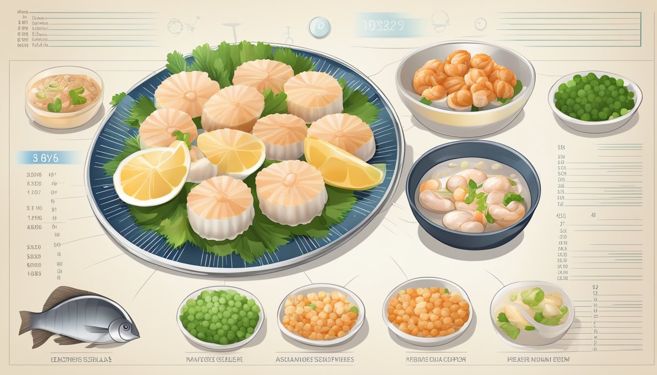 A plate of fresh and frozen scallops arranged with various seafood ingredients and a nutritional chart in the background