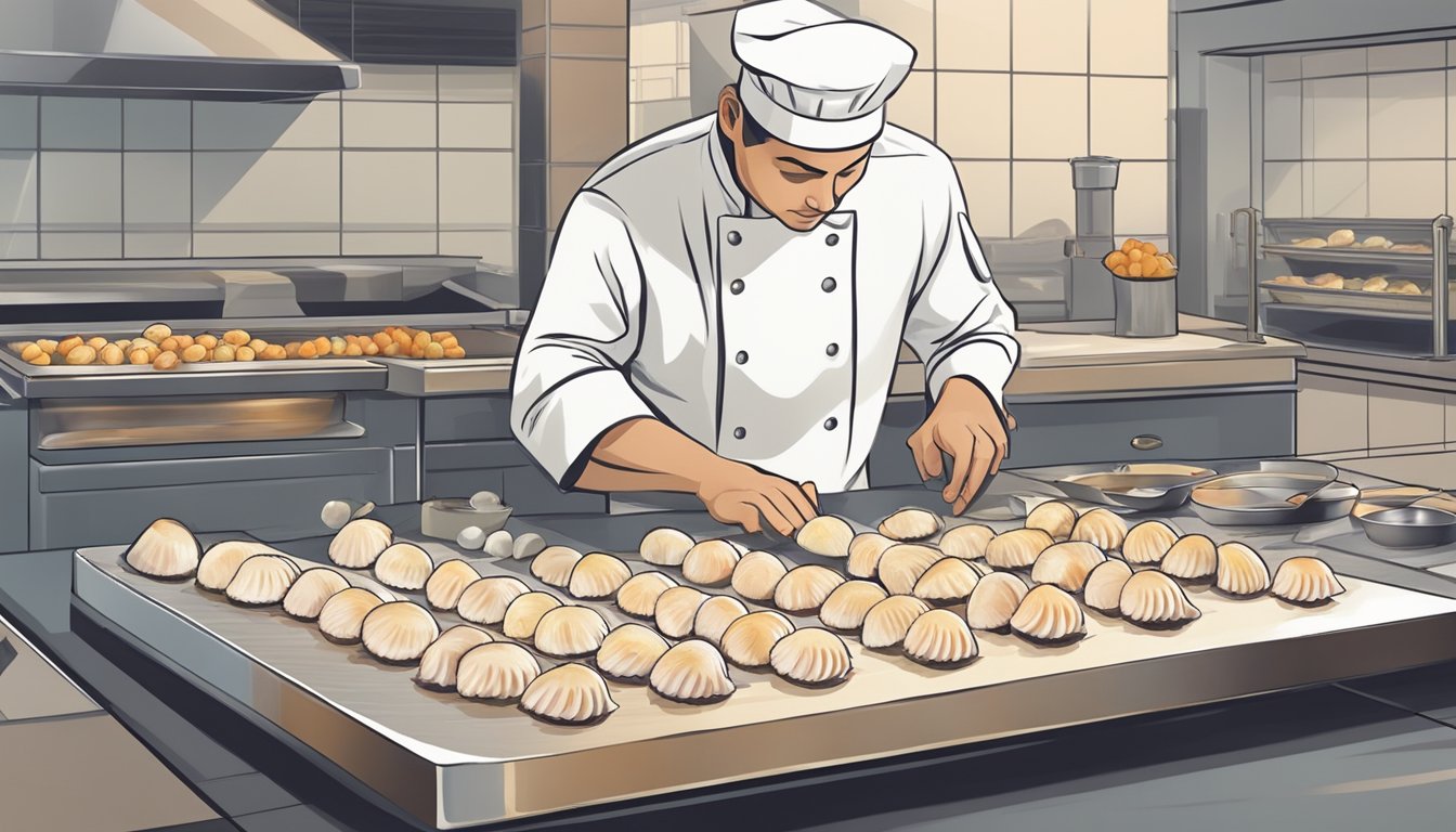 A chef carefully selects and organizes fresh and frozen scallops on a clean, well-lit cutting board