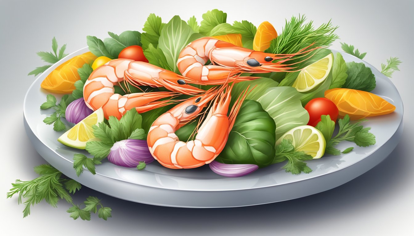 A plate with a pile of fresh and frozen prawns, surrounded by colorful vegetables and herbs, with a clear distinction between the two options