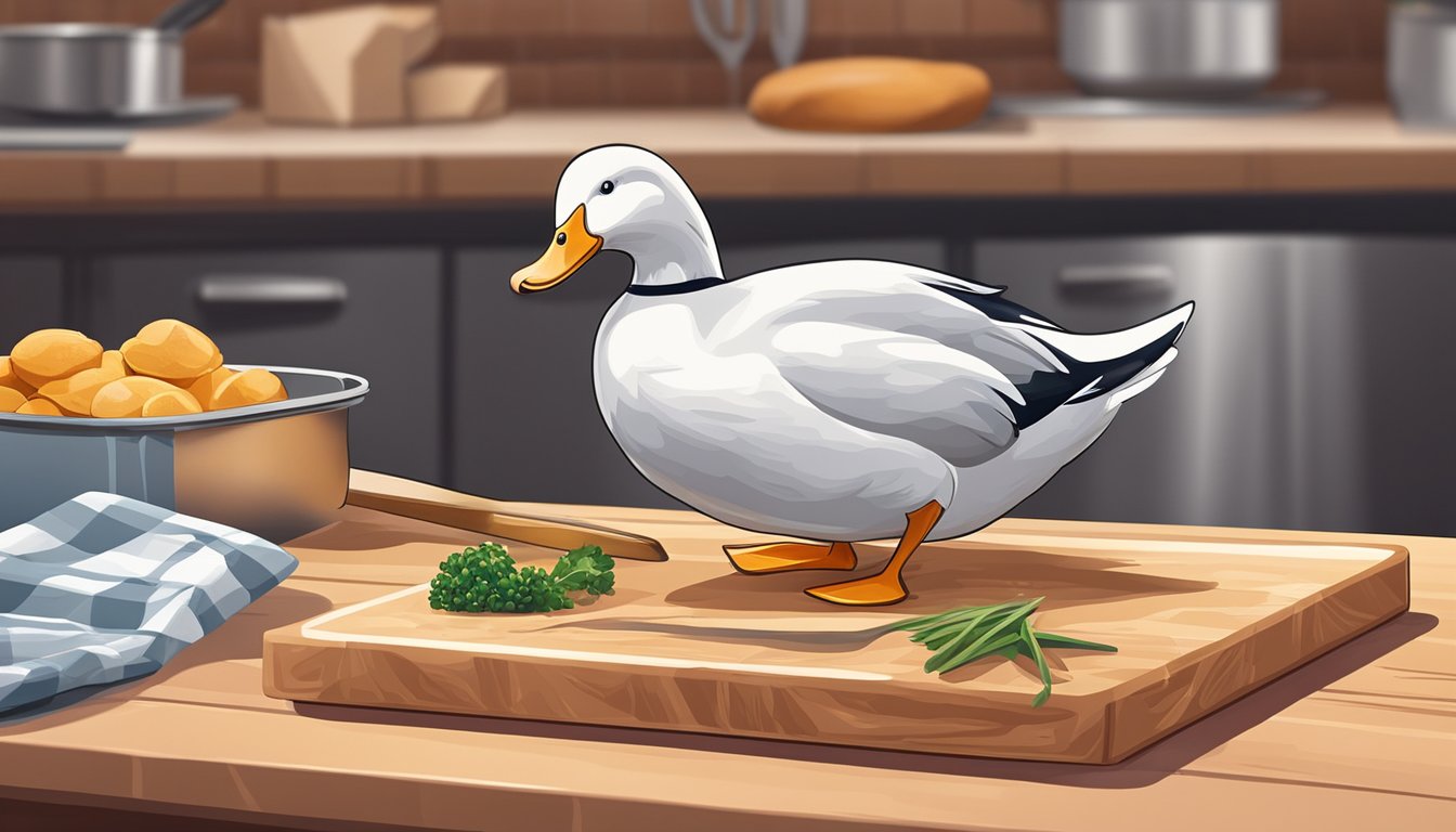 A fresh duck is placed next to a package of frozen duck. A chef's knife and cutting board are nearby. The scene conveys a comparison of flavor, quality, and convenience