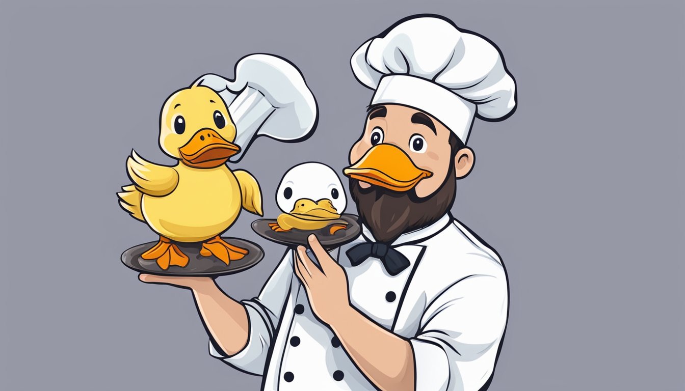 A chef holding a fresh duck in one hand and a frozen duck in the other, comparing their appearance and texture