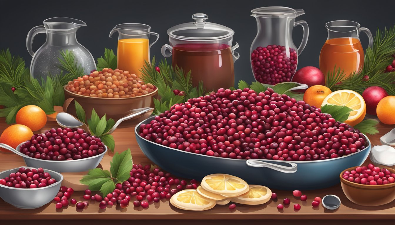 A bountiful display of fresh and frozen cranberries, surrounded by festive holiday ingredients and cooking utensils