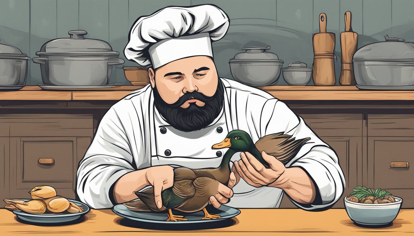 A chef holding a fresh duck in one hand and a frozen duck in the other, with a look of contemplation on their face