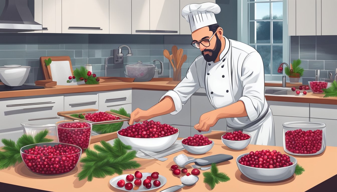 A chef carefully selects between fresh and frozen cranberries for a holiday recipe, surrounded by modern kitchen tools and ingredients