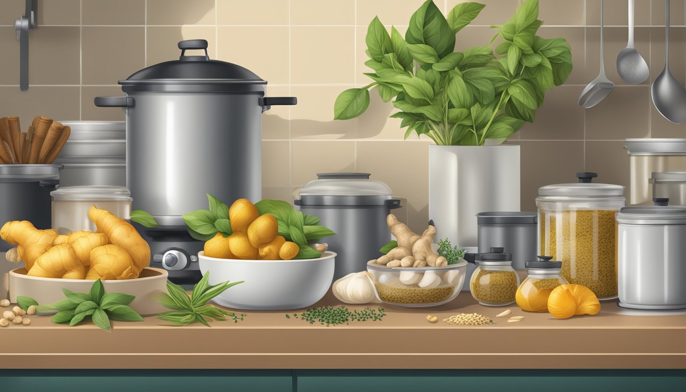 A kitchen counter with fresh and frozen ginger, surrounded by various spices and herbs, with a pot simmering on the stove