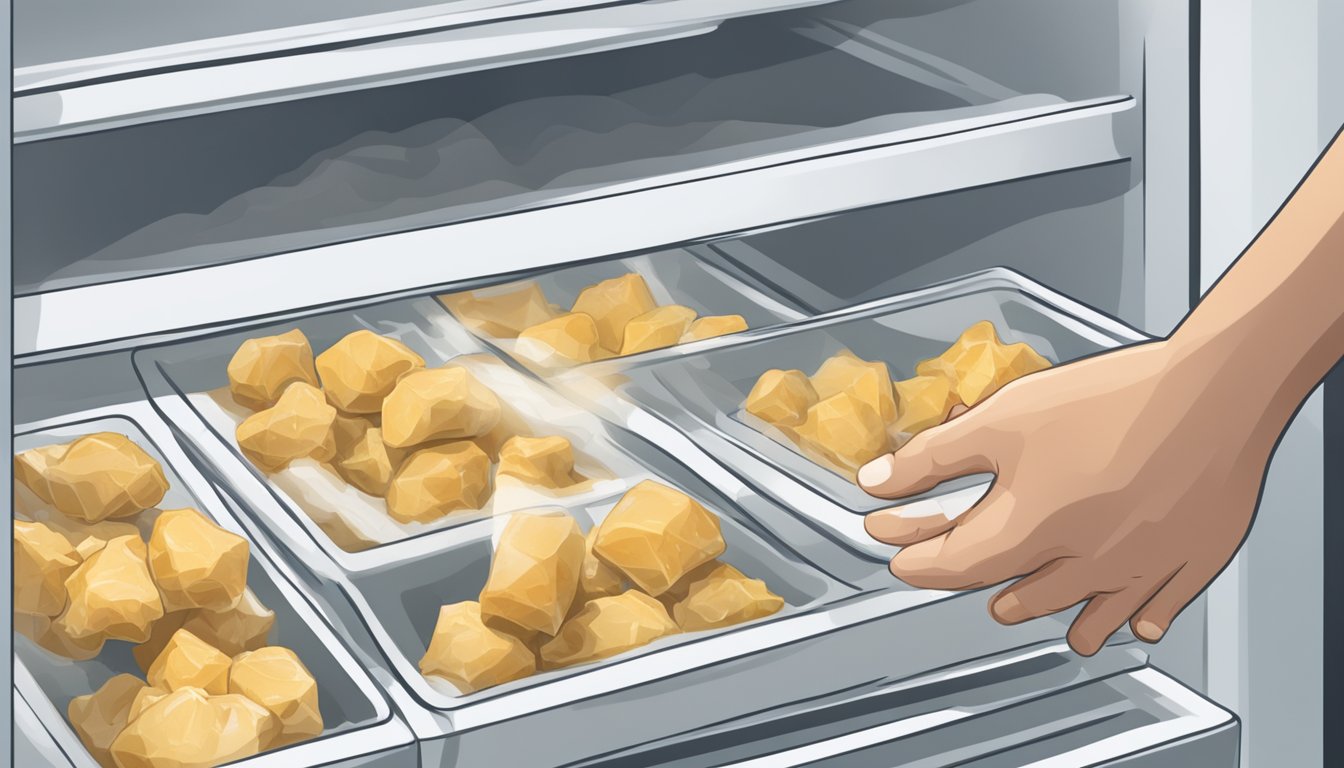 A hand reaching into a freezer to grab a bag of frozen ginger, while fresh ginger sits on the counter