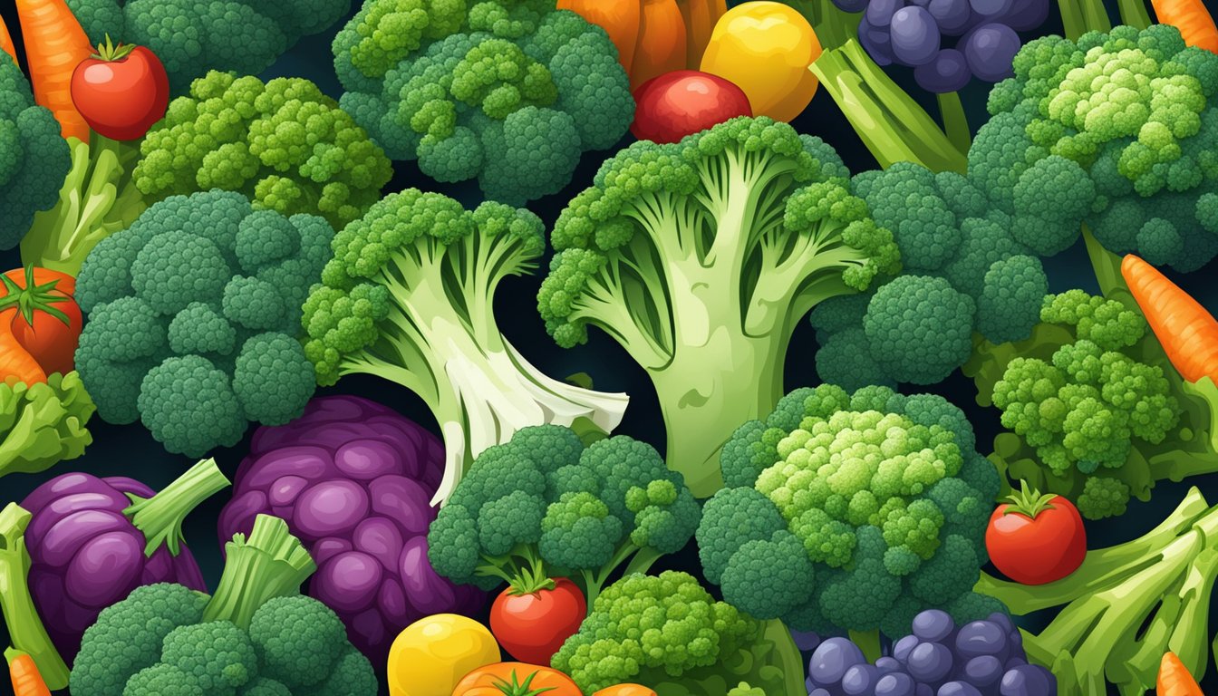 A vibrant pile of fresh and frozen broccoli sits side by side, surrounded by colorful vegetables. The fresh broccoli exudes a crisp and vibrant green, while the frozen broccoli glistens with icy crystals