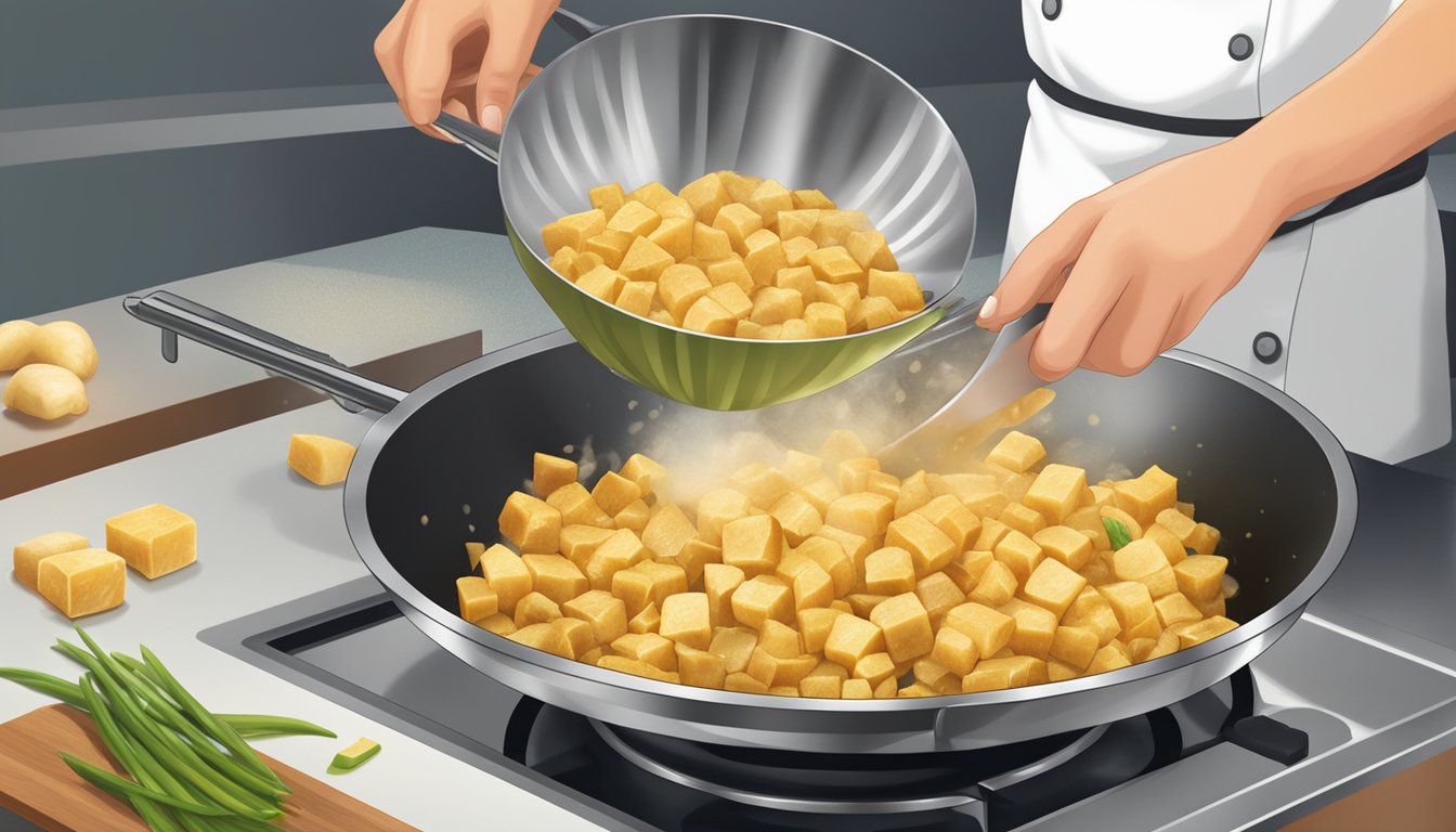 A chef grates fresh ginger into a sizzling stir-fry, while a hand reaches for a bag of frozen ginger cubes in the background