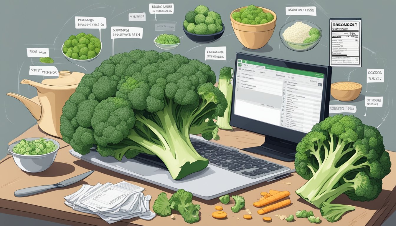 A pile of fresh and frozen broccoli surrounded by nutrition labels and cooking utensils, with a computer screen displaying a Reddit thread comparing taste and convenience