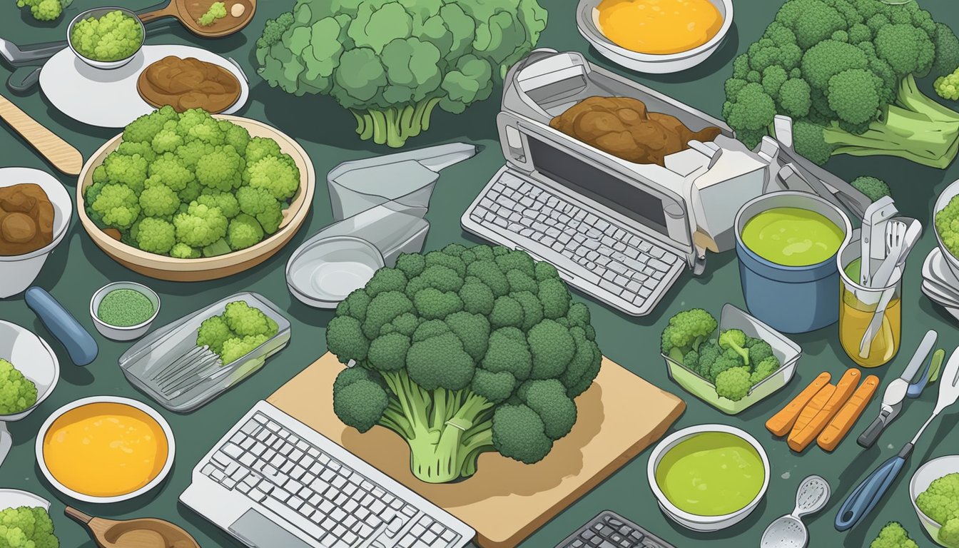 A colorful array of fresh and frozen broccoli, surrounded by various cooking utensils and measuring tools, with a computer screen showing a Reddit discussion on processing techniques and nutrient retention