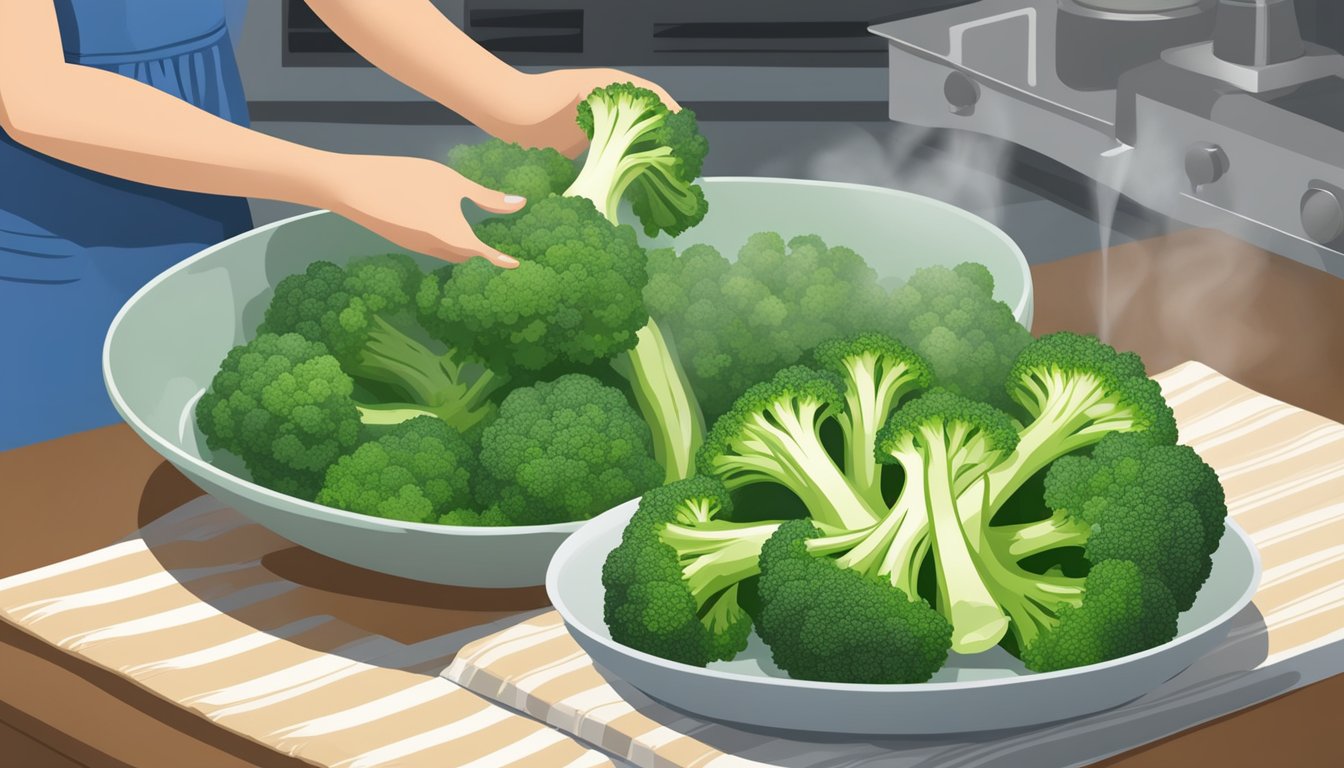 Fresh and frozen broccoli side by side, one being washed and cut while the other is being steamed. Nutritional information displayed in the background