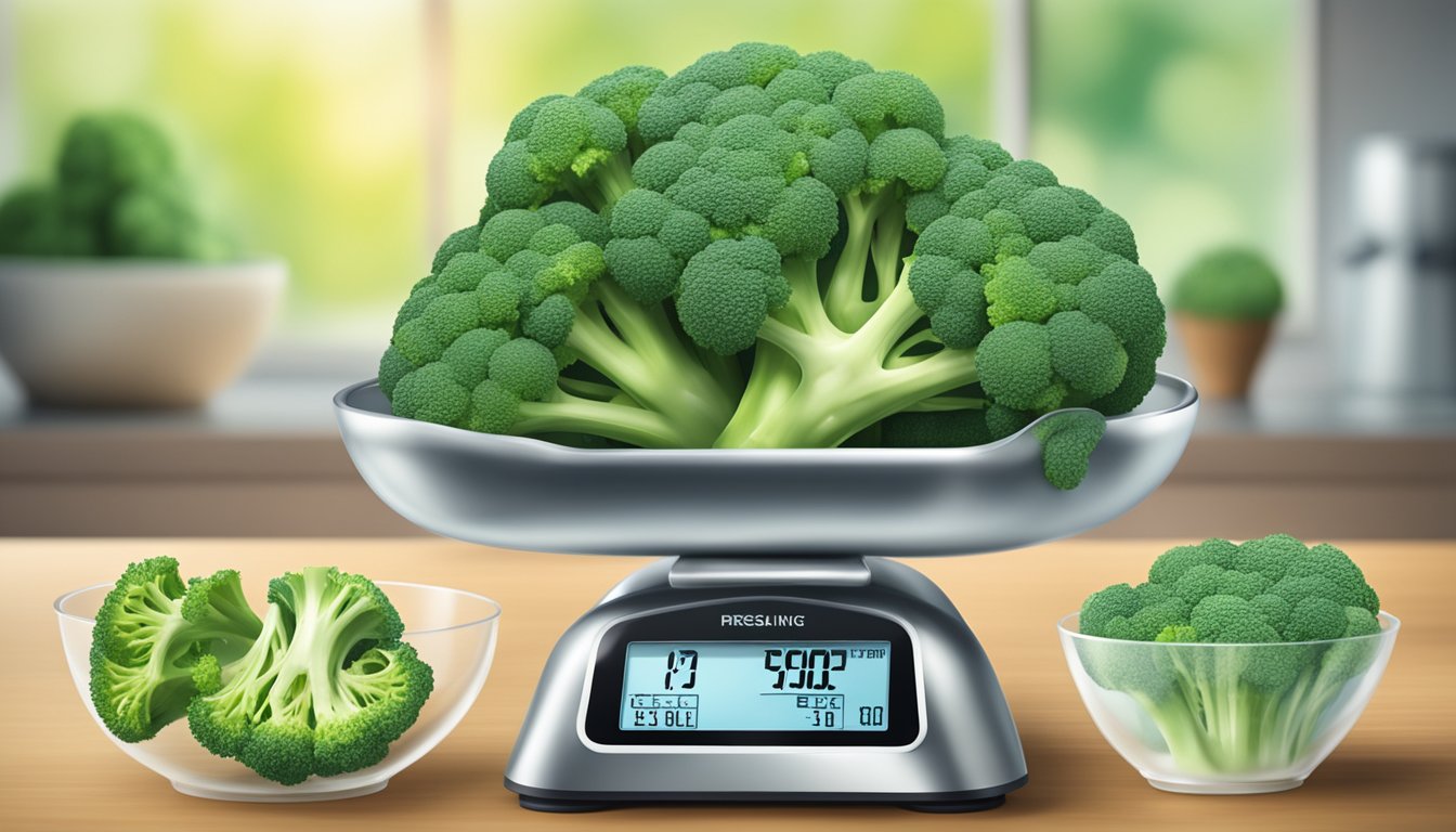 A scale balancing fresh and frozen broccoli with nutrition labels and environmental symbols in the background