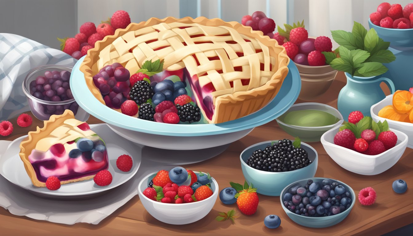 A table with a variety of fresh and frozen berries, a mixing bowl, and a pie dish with a perfect pie filling being crafted