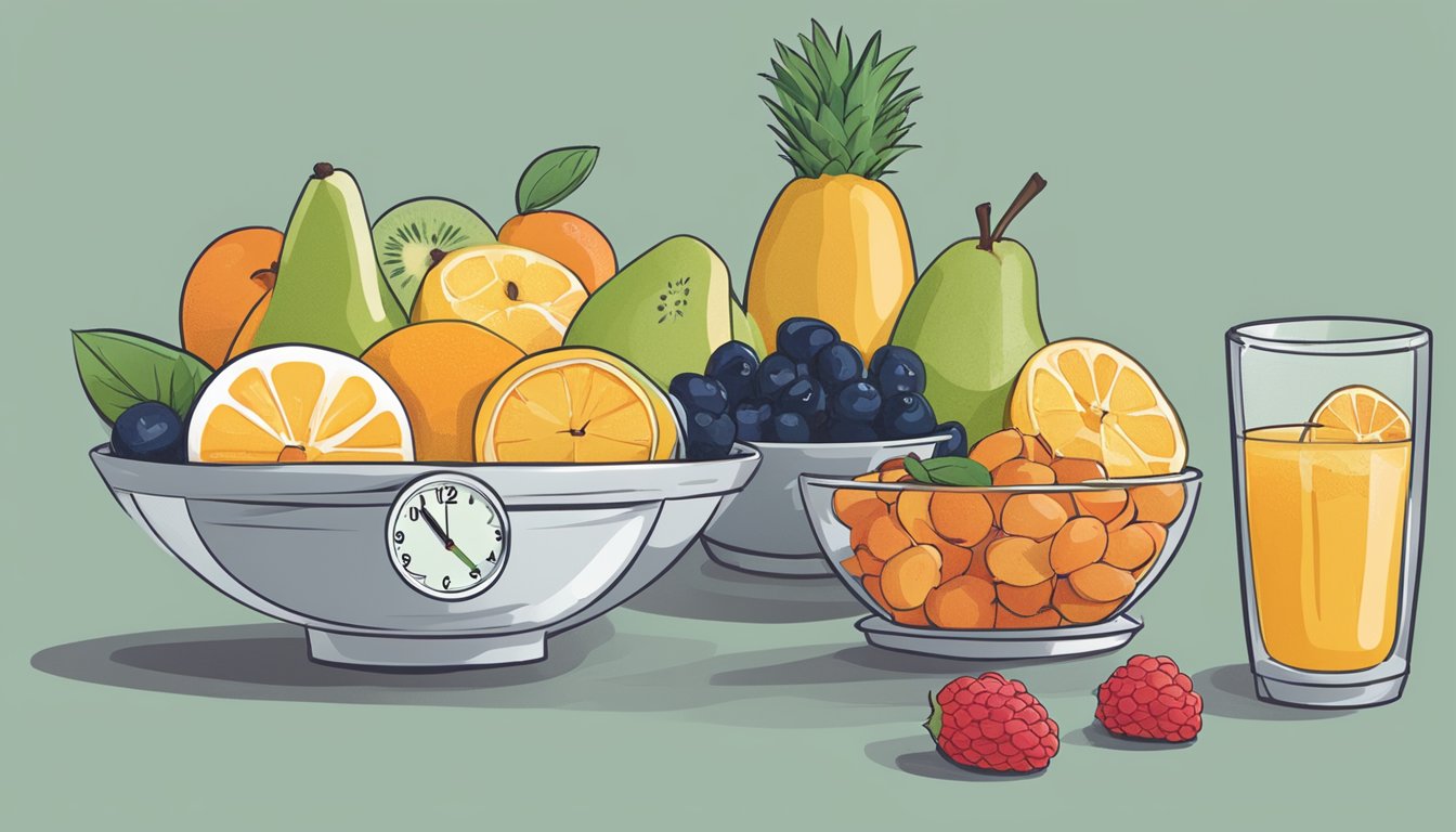 A table with a bowl of fresh fruit next to a bowl of freeze-dried fruit. A nutrition label and a clock symbolize convenience. Taste is represented by a smiling face