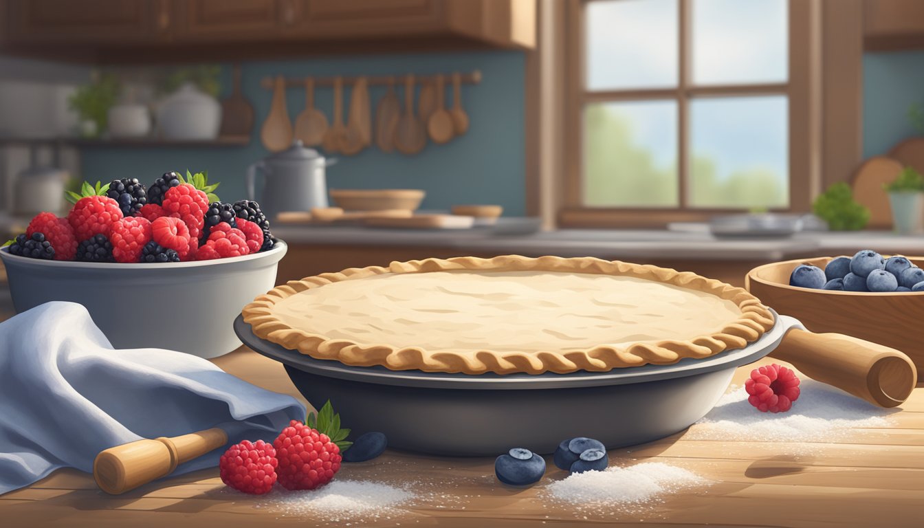 A rustic kitchen table with a rolling pin, flour, and a bowl of fresh berries next to a stack of frozen pie crusts