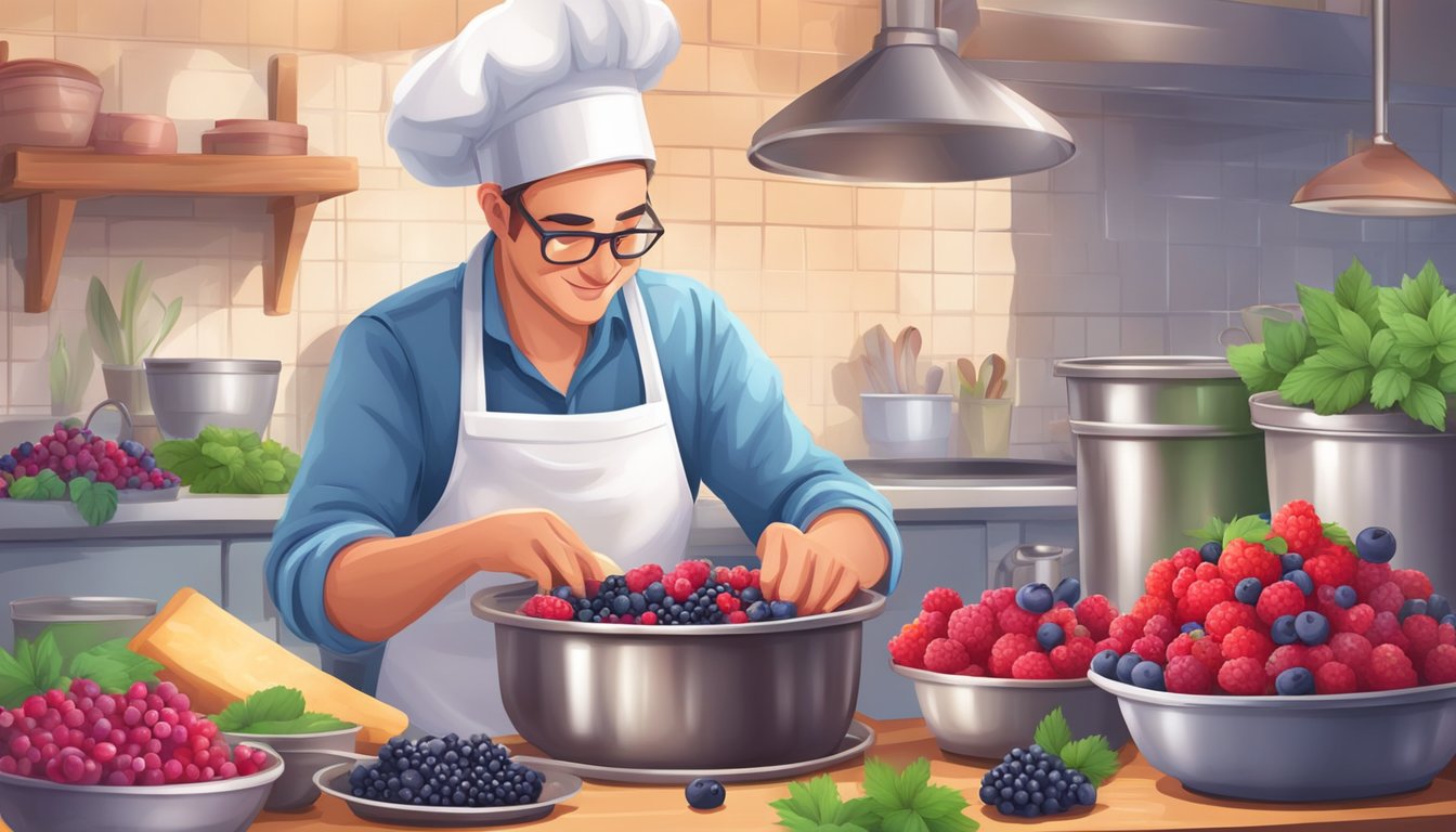 A baker mixes fresh and frozen berries into a pot, carefully crafting the perfect pie filling