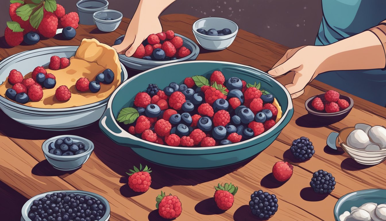 Fresh and frozen berries arranged on a wooden table, surrounded by baking ingredients and a pie dish. A hand reaches for a mixing bowl to craft the perfect pie filling