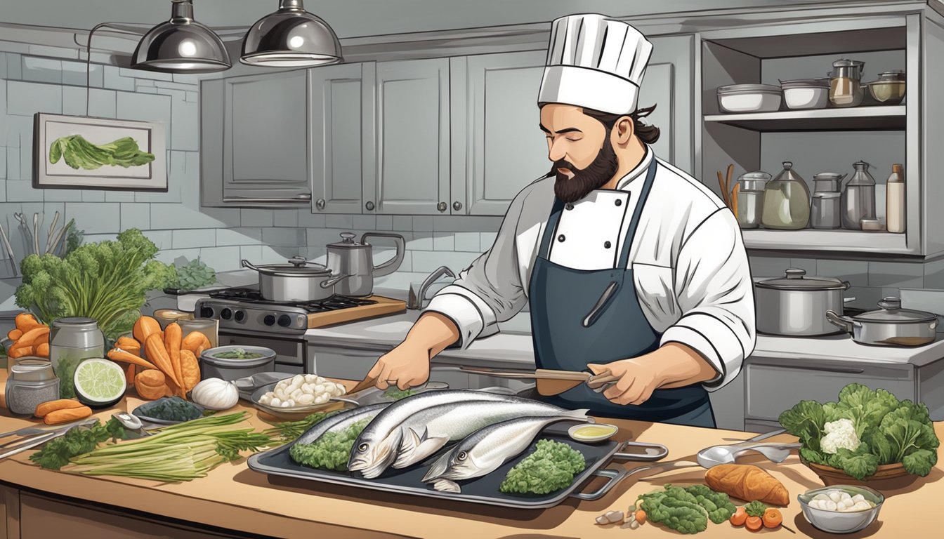 A chef comparing fresh and frozen cod, surrounded by various cooking utensils and ingredients for flavorful fish dishes