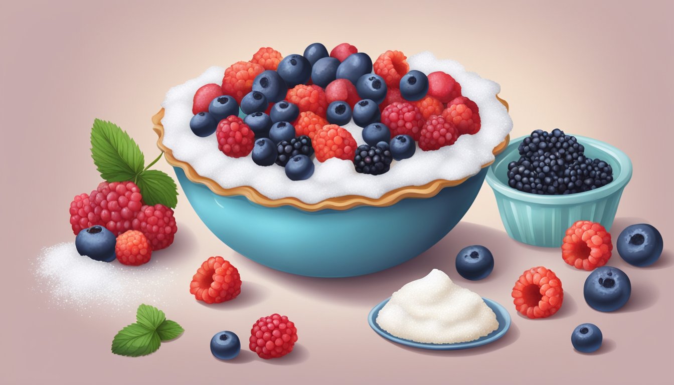 A table with fresh and frozen berries, a mixing bowl, sugar, and a pie crust