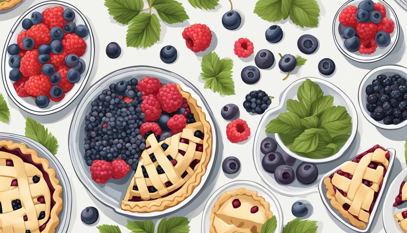 Fresh and frozen berries arranged in a pie dish, surrounded by ingredients and utensils for making the perfect pie filling