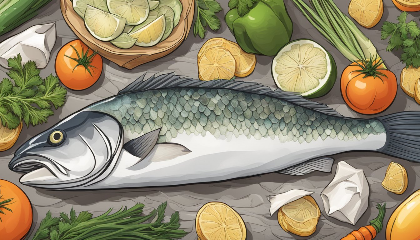 A fresh cod fillet lies next to a pile of frozen cod in a market display, surrounded by vibrant vegetables and herbs