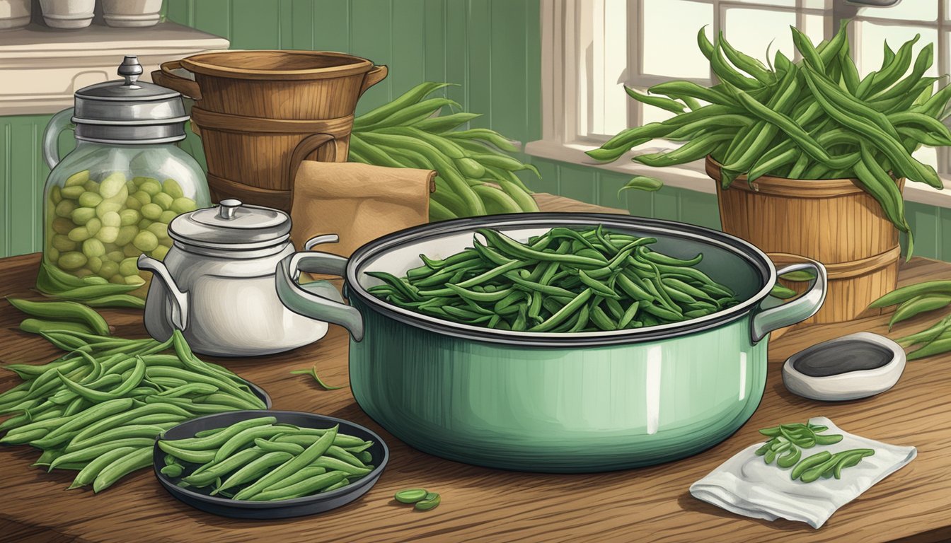 A vintage kitchen with a rustic wooden table, a steaming casserole dish, and a pile of fresh green beans next to a bag of frozen green beans