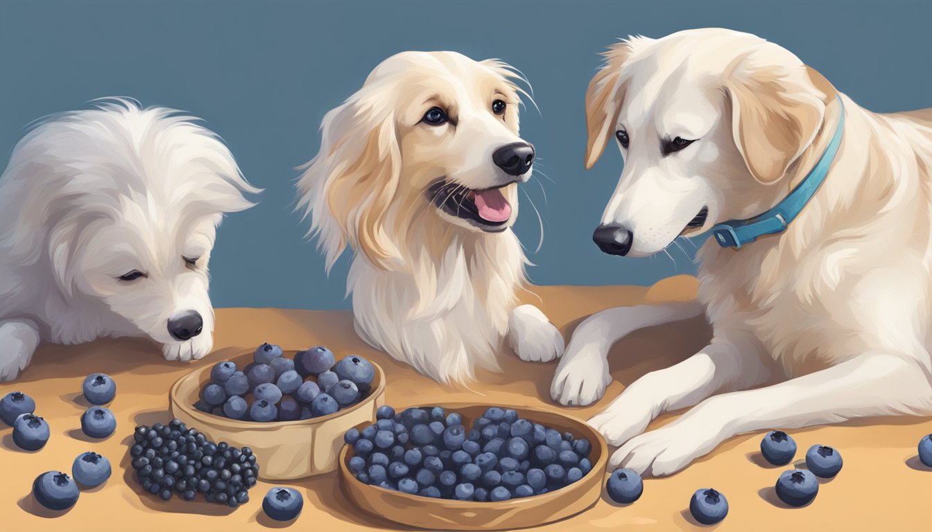 A dog eagerly eats a homemade treat with fresh blueberries, while another dog happily chews on a treat with frozen blueberries