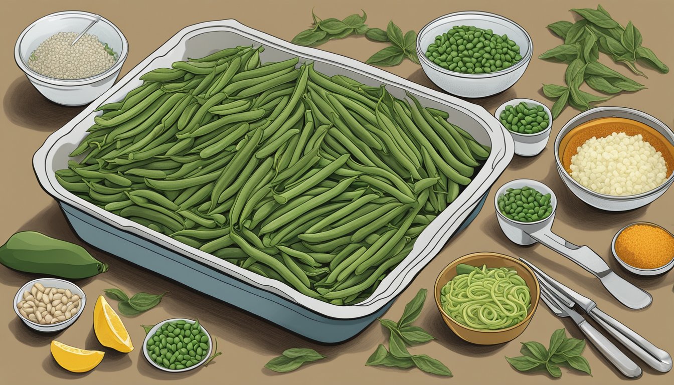 A table with fresh and frozen green beans, a casserole dish, and various ingredients laid out for comparison