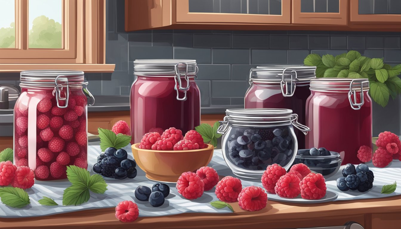 Ripe raspberries and frozen berries sit on a kitchen counter, surrounded by jars and utensils for making jam