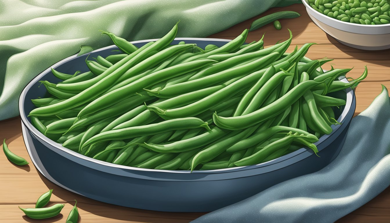 Fresh green beans arranged in a vibrant, organic pile next to a frost-covered bag of frozen green beans, with a casserole dish in the background