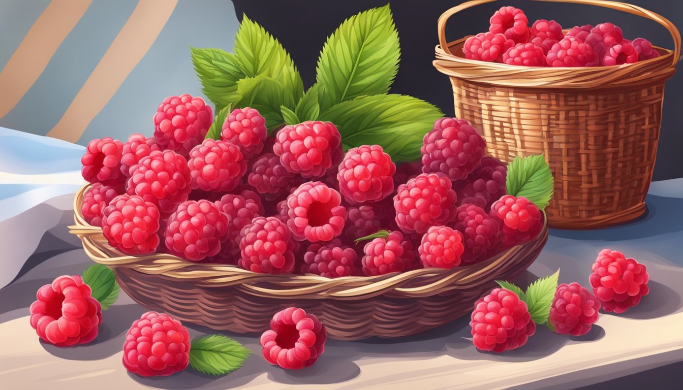 Ripe raspberries spill from a wicker basket, some fresh, some frozen. A pot simmers on the stove, filling the kitchen with the sweet aroma of jam-making