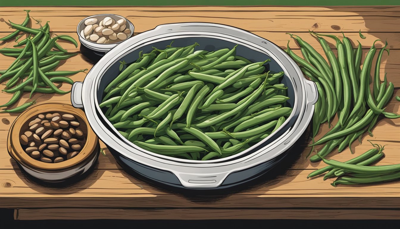 A steaming casserole dish sits on a rustic wooden table, surrounded by vibrant green beans - some fresh, some frozen. The contrast between the two types of beans is evident, showcasing the debate over which is best for creating the perfect dish