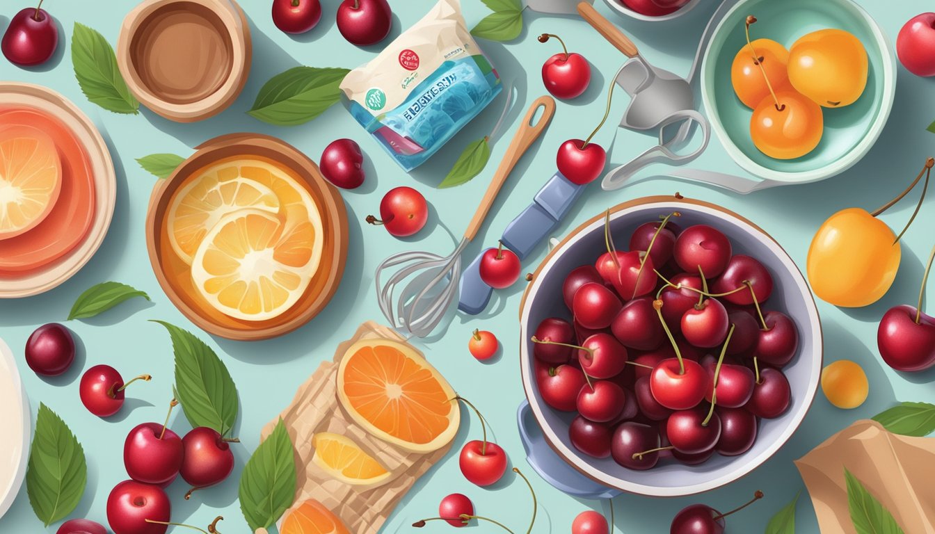 A bowl of vibrant, plump fresh cherries sits next to a bag of frozen cherries, surrounded by colorful kitchen utensils and recipe ingredients