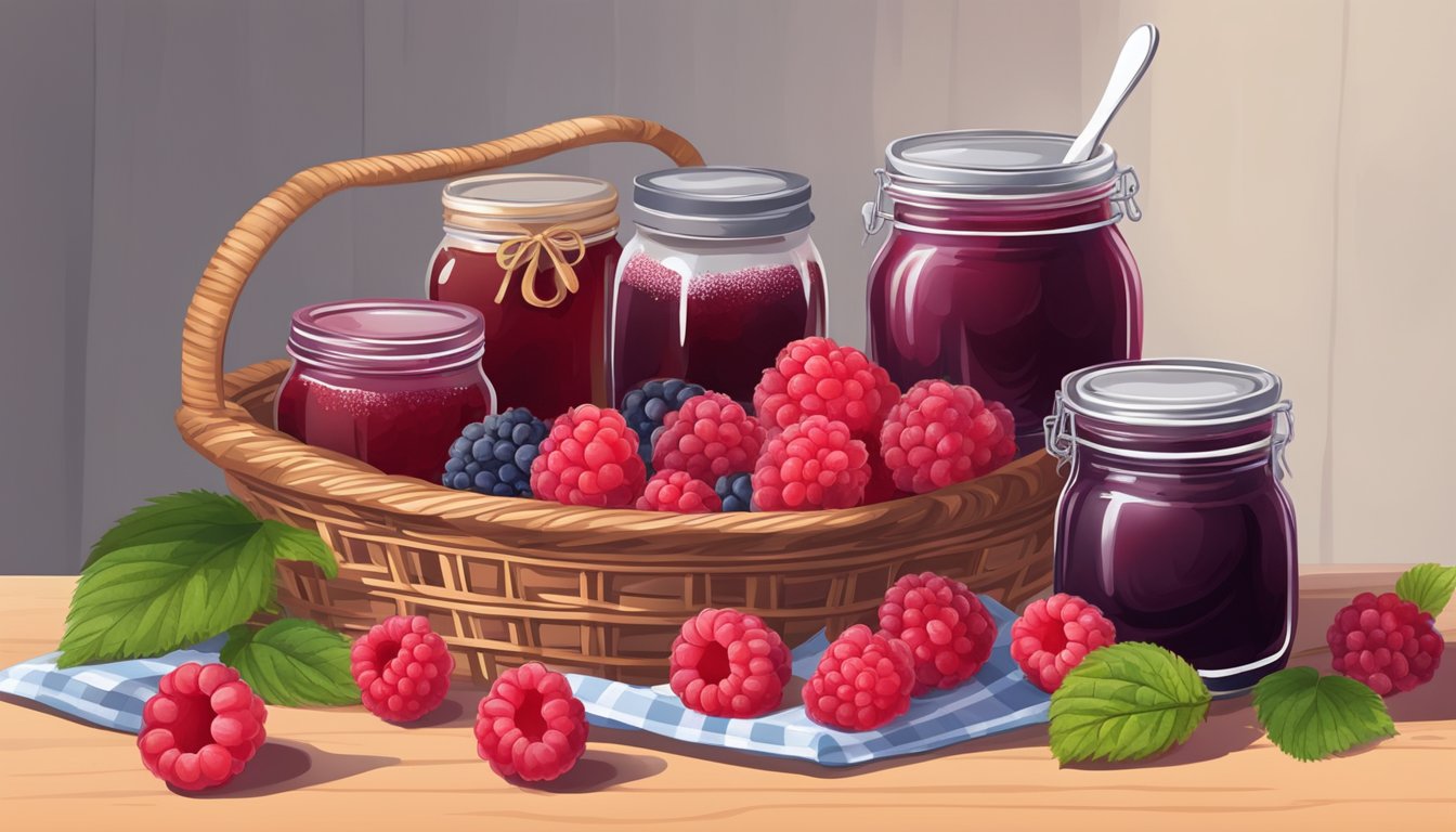 Ripe raspberries in a basket, some fresh and some frozen, surrounded by jars of homemade jam and a spoon for perfecting preserves