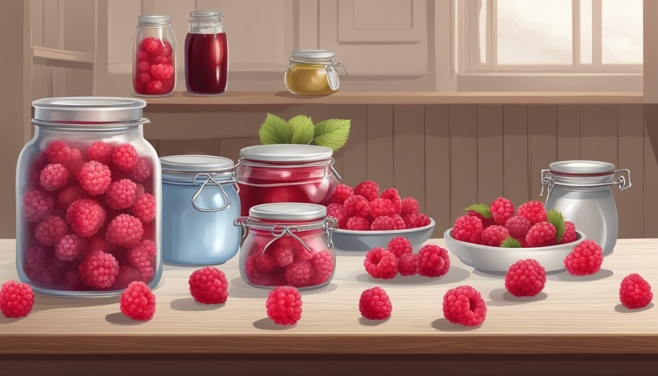 A table with fresh and frozen raspberries, a pot for jam making, and jars for preserves