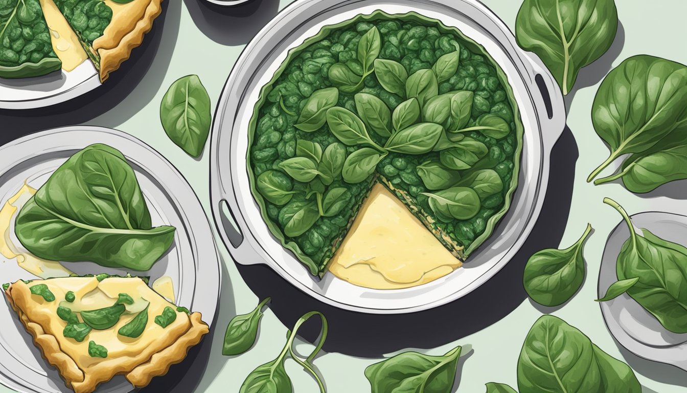 A platter of fresh spinach leaves and a bag of frozen spinach next to a quiche with a slice missing, showing the contrasting fillings