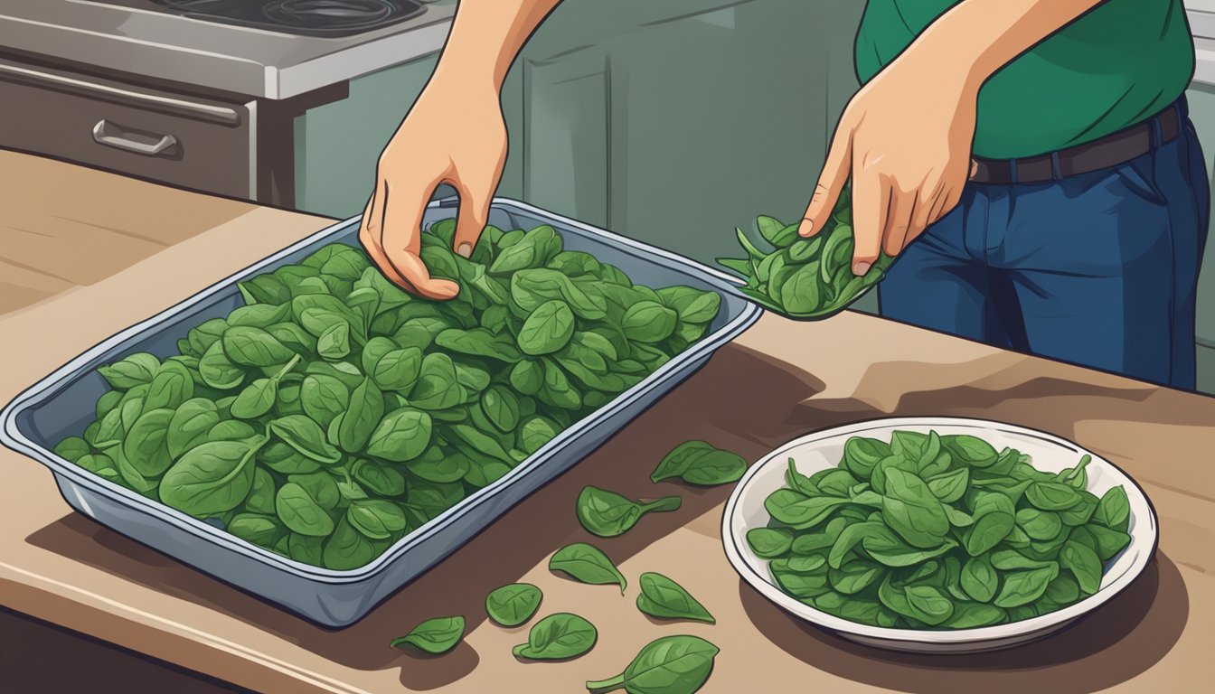 A hand reaching for a bag of fresh spinach next to a pile of frozen spinach, with a quiche in the background