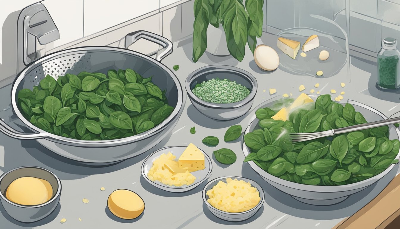 Fresh spinach leaves being washed and chopped, while frozen spinach thaws in a colander. Bowls of beaten eggs and grated cheese sit nearby