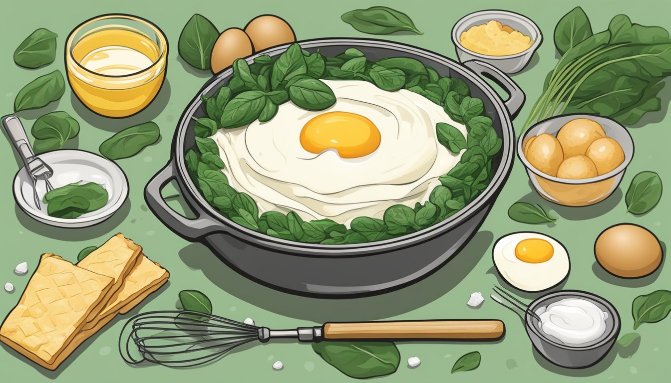 A mixing bowl filled with eggs, cream, and spinach, surrounded by fresh and frozen spinach leaves, a pie crust, and a whisk