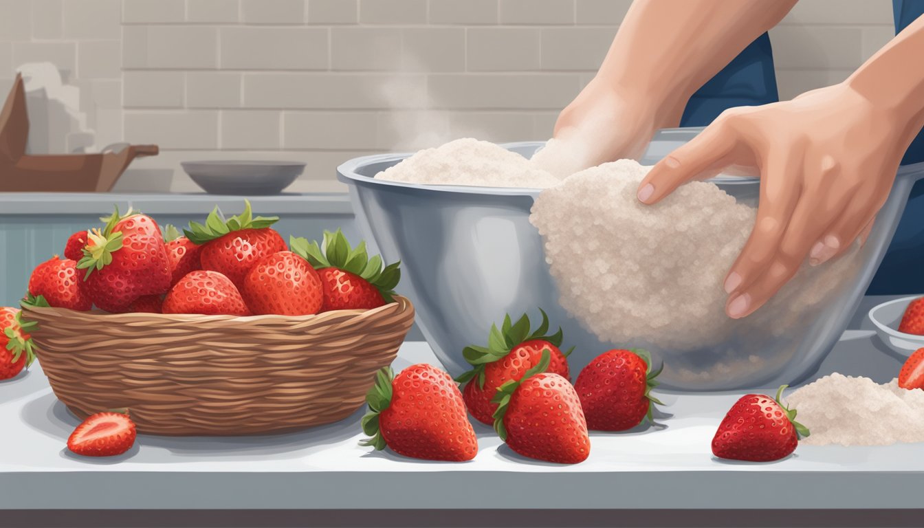 A hand reaching for a basket of fresh strawberries, while a bag of frozen strawberries sits on a counter next to a mixing bowl and flour