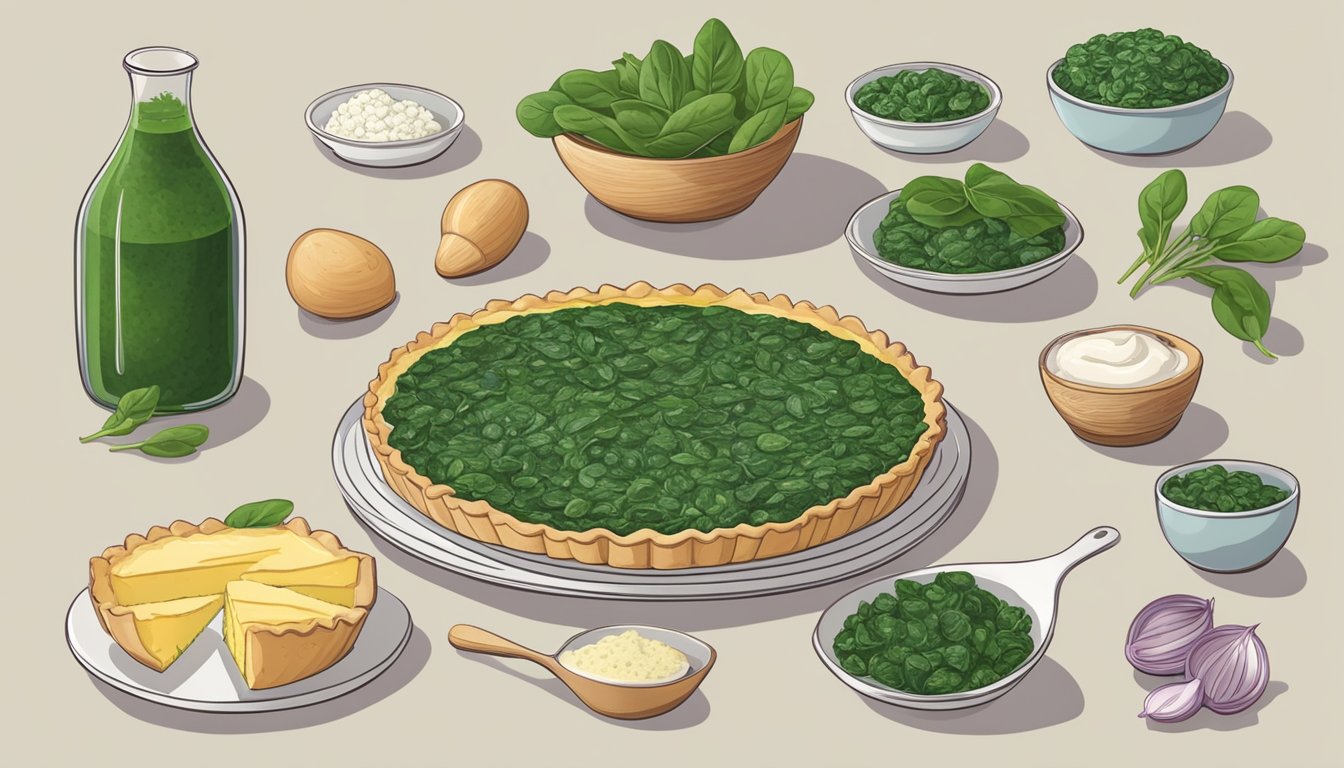 A table with fresh and frozen spinach, a quiche crust, and various ingredients for filling