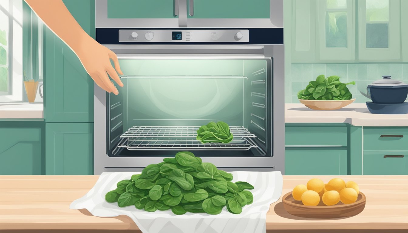 A hand reaching for a bag of fresh spinach in a brightly lit kitchen, next to a bag of frozen spinach, with a quiche baking in the oven