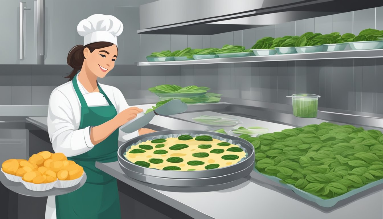 A chef prepares two quiches, one with frozen spinach and the other with fresh spinach, showcasing the ingredients and the process of making the perfect quiche filling