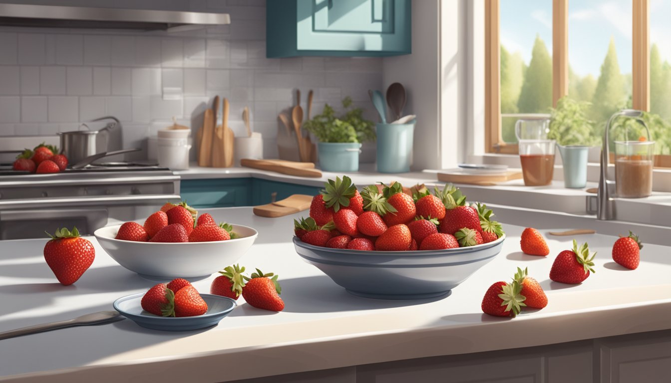 Fresh and frozen strawberries arranged on a kitchen counter, alongside baking ingredients and utensils. Bright natural light streams in through a nearby window