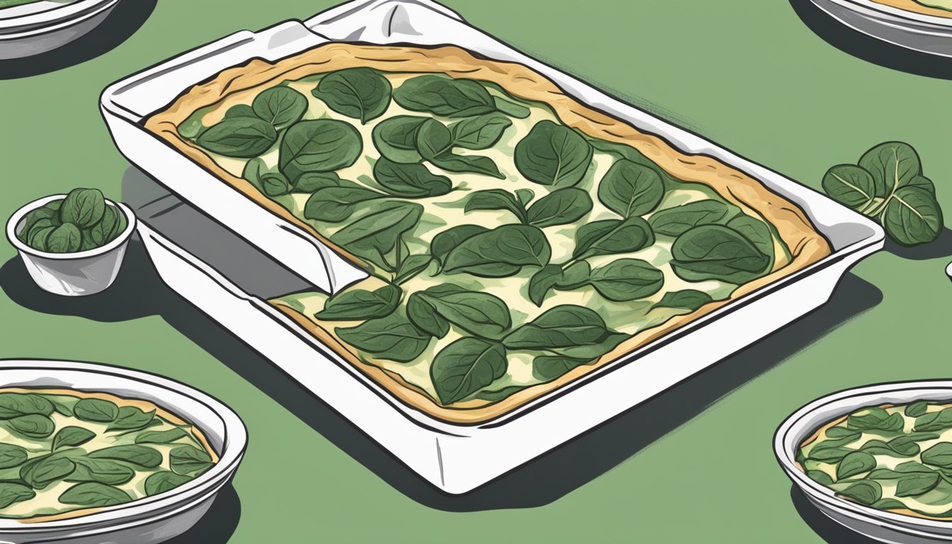 A quiche being removed from the oven, with one half containing fresh spinach and the other half containing frozen spinach, both labeled accordingly