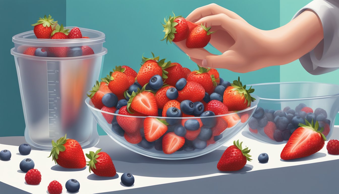 A hand reaching for plump, fresh strawberries next to a bag of frozen berries, with a mixing bowl and measuring cups in the background