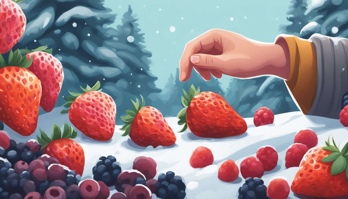 A hand reaching for a plump, vibrant fresh strawberry next to a pile of frozen berries. The contrast in texture and color is evident