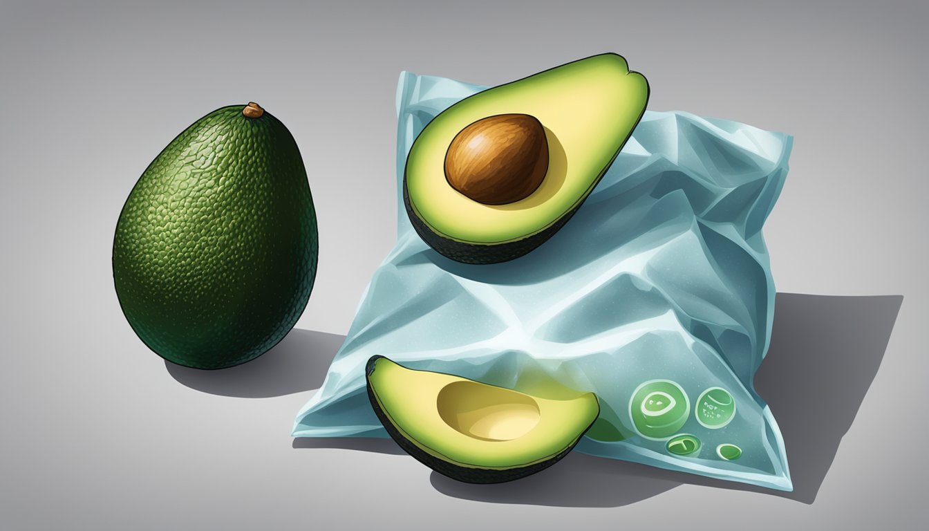 A ripe avocado sits on a kitchen counter next to a bag of frozen avocados. The fresh avocado is soft to the touch, while the frozen avocados are neatly arranged in a freezer bag