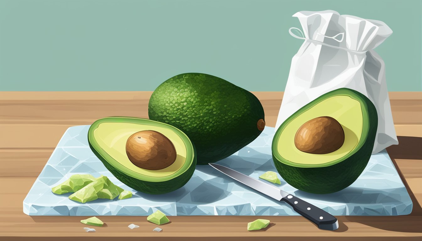 A fresh avocado sits next to a bag of frozen avocado chunks. A knife and cutting board are nearby. The fresh avocado is firm and vibrant, while the frozen chunks are icy and slightly discolored